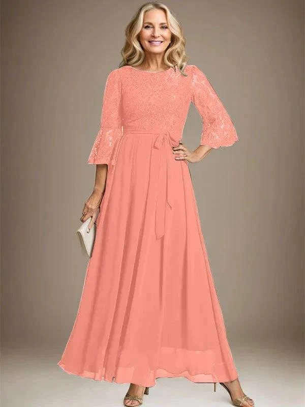 A-line Scoop Ankle-Length Lace Chiffon Mother of the Bride Dress With Bow - Image 15