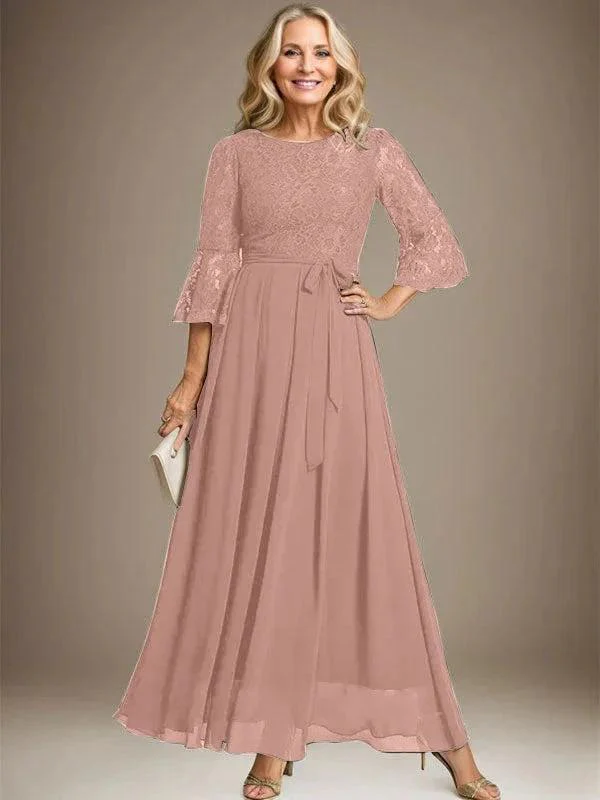 A-line Scoop Ankle-Length Lace Chiffon Mother of the Bride Dress With Bow - Image 16