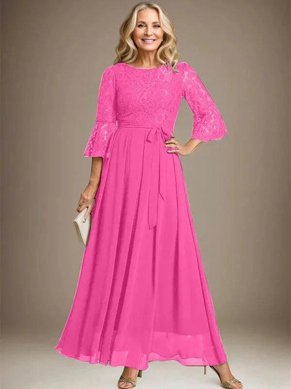A-line Scoop Ankle-Length Lace Chiffon Mother of the Bride Dress With Bow - Image 17