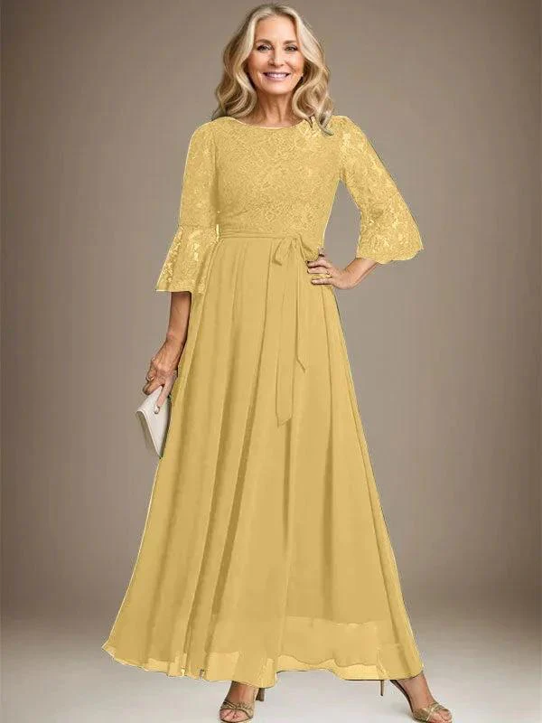 A-line Scoop Ankle-Length Lace Chiffon Mother of the Bride Dress With Bow - Image 18