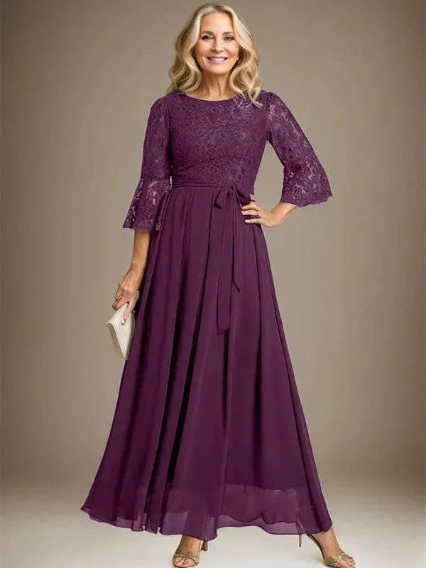 A-line Scoop Ankle-Length Lace Chiffon Mother of the Bride Dress With Bow - Image 19