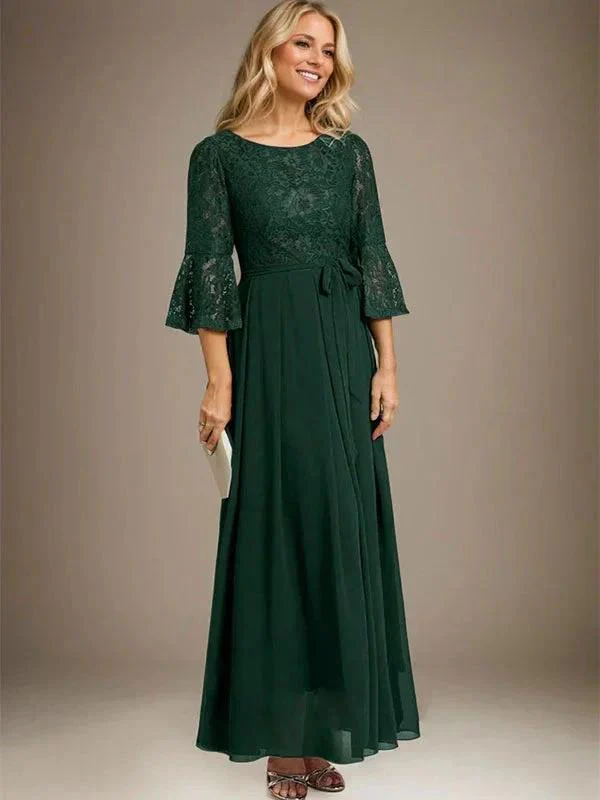 A-line Scoop Ankle-Length Lace Chiffon Mother of the Bride Dress With Bow - Image 2