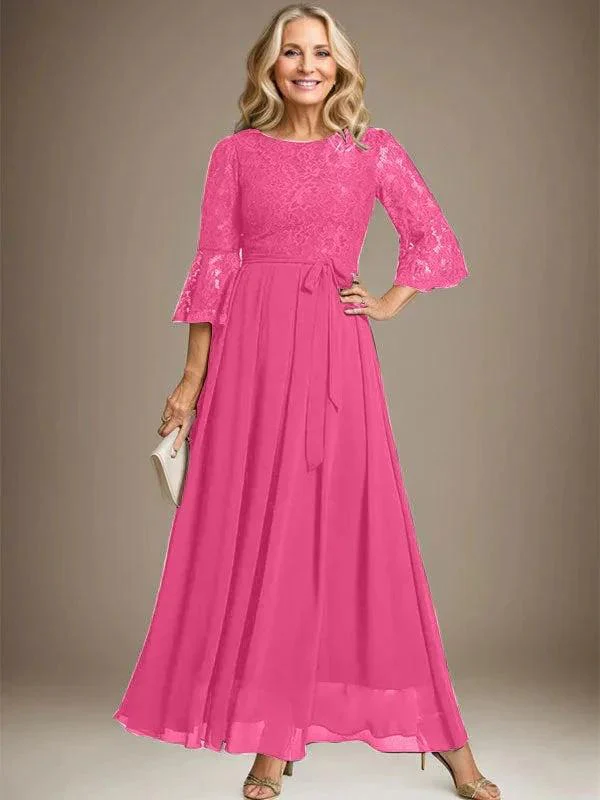 A-line Scoop Ankle-Length Lace Chiffon Mother of the Bride Dress With Bow - Image 20