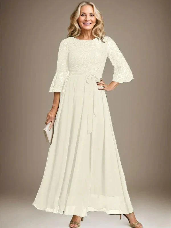 A-line Scoop Ankle-Length Lace Chiffon Mother of the Bride Dress With Bow - Image 21