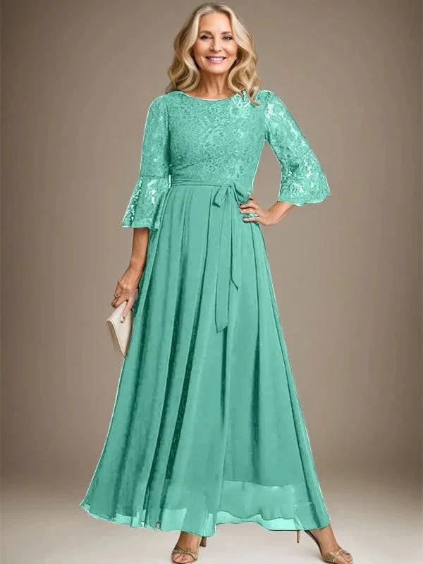 A-line Scoop Ankle-Length Lace Chiffon Mother of the Bride Dress With Bow - Image 22