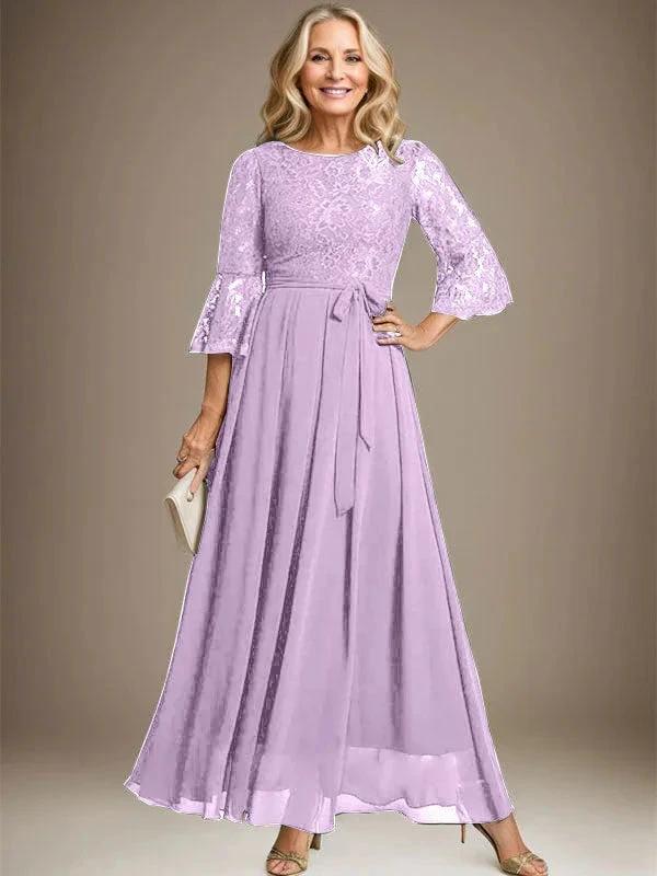 A-line Scoop Ankle-Length Lace Chiffon Mother of the Bride Dress With Bow - Image 23