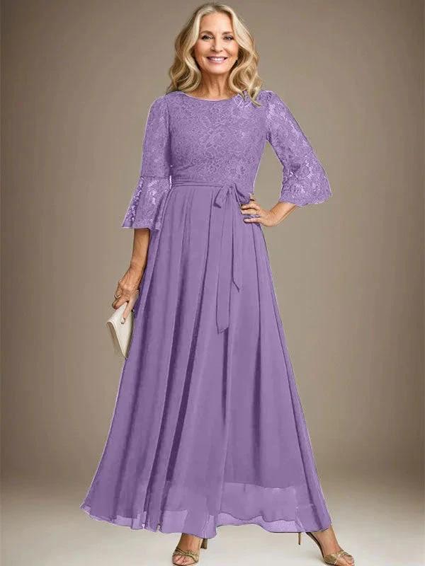 A-line Scoop Ankle-Length Lace Chiffon Mother of the Bride Dress With Bow - Image 24