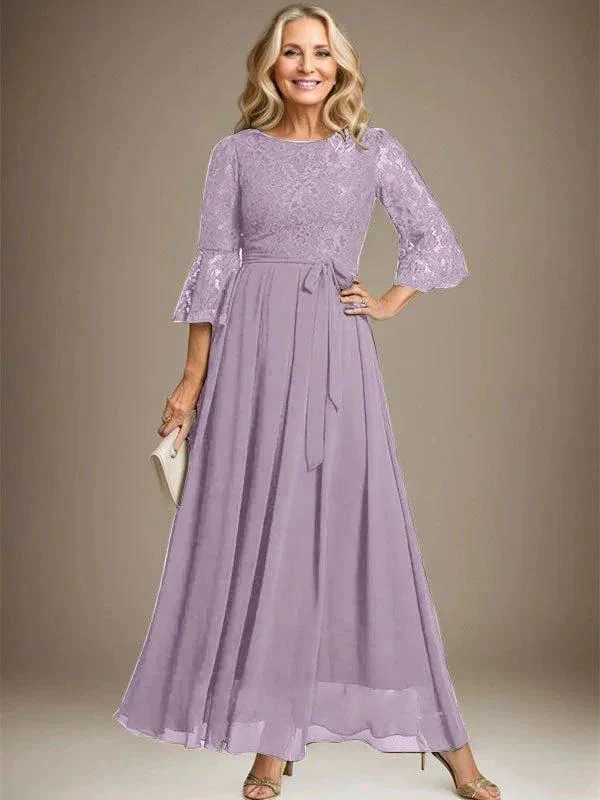 A-line Scoop Ankle-Length Lace Chiffon Mother of the Bride Dress With Bow - Image 26