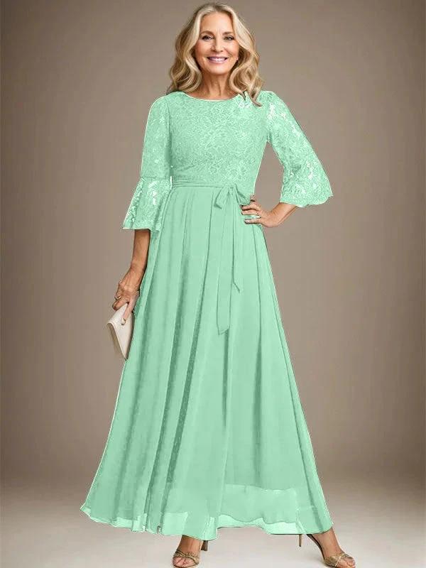 A-line Scoop Ankle-Length Lace Chiffon Mother of the Bride Dress With Bow - Image 27