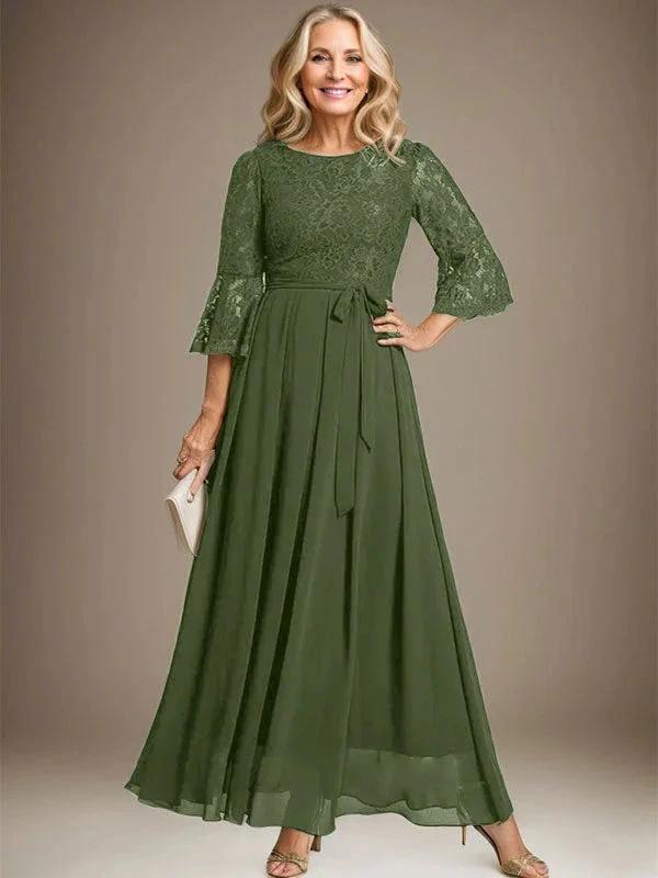 A-line Scoop Ankle-Length Lace Chiffon Mother of the Bride Dress With Bow - Image 28