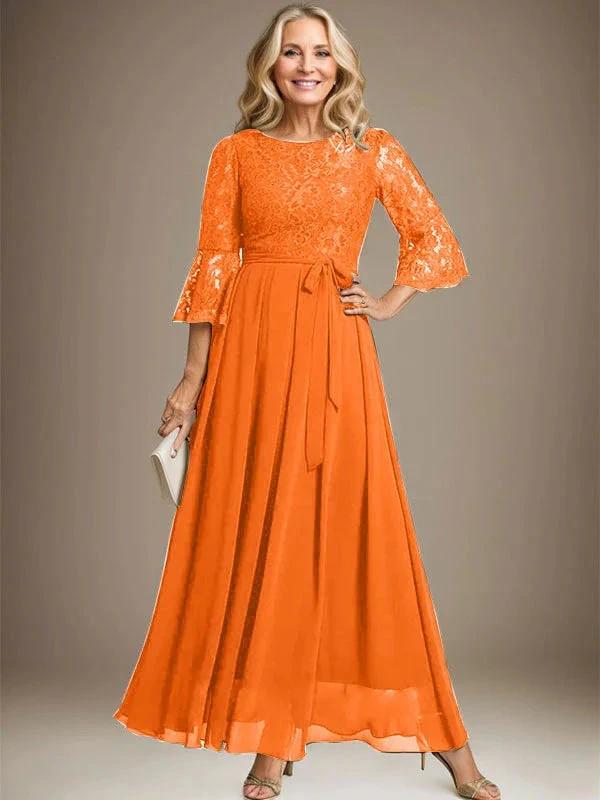 A-line Scoop Ankle-Length Lace Chiffon Mother of the Bride Dress With Bow - Image 29