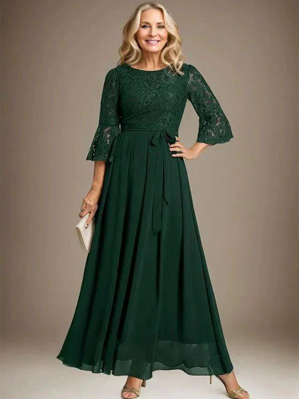 A-line Scoop Ankle-Length Lace Chiffon Mother of the Bride Dress With Bow - Image 3