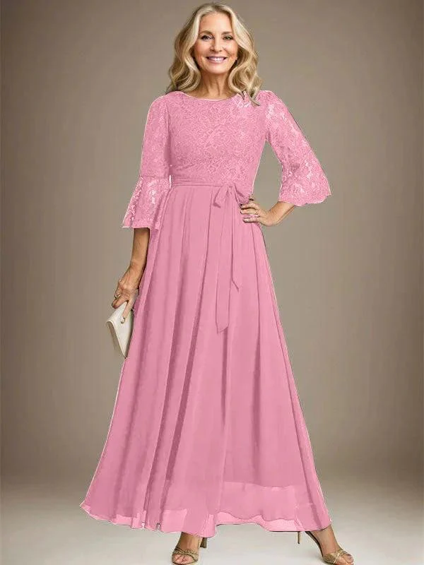 A-line Scoop Ankle-Length Lace Chiffon Mother of the Bride Dress With Bow - Image 31