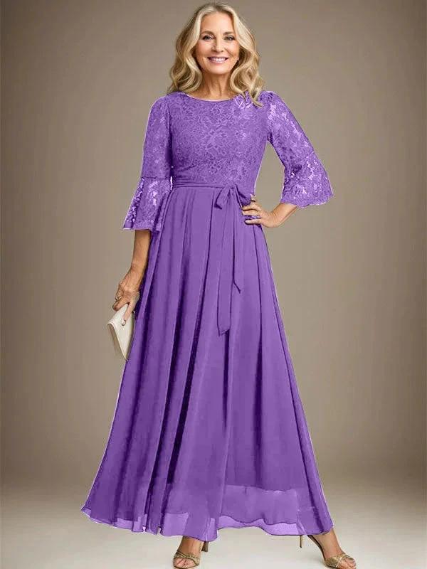 A-line Scoop Ankle-Length Lace Chiffon Mother of the Bride Dress With Bow - Image 32