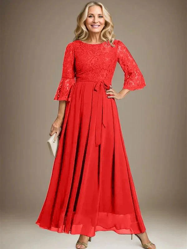 A-line Scoop Ankle-Length Lace Chiffon Mother of the Bride Dress With Bow - Image 33