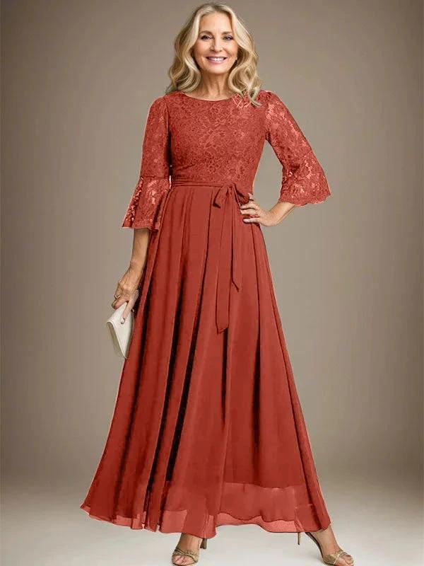 A-line Scoop Ankle-Length Lace Chiffon Mother of the Bride Dress With Bow - Image 35
