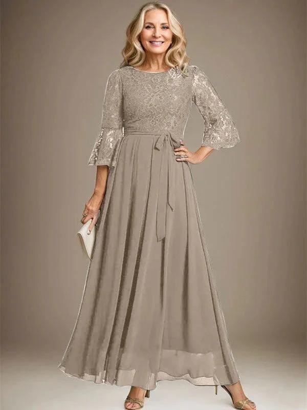 A-line Scoop Ankle-Length Lace Chiffon Mother of the Bride Dress With Bow - Image 36