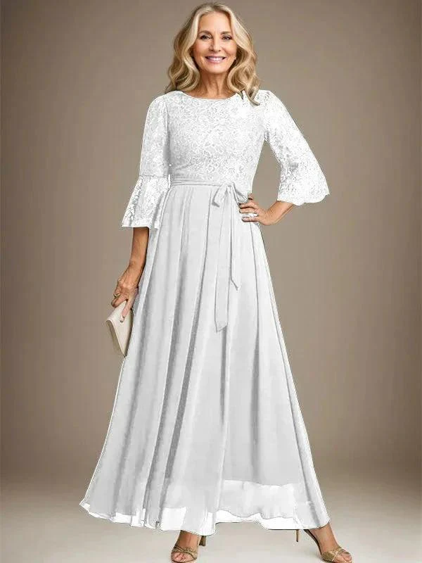 A-line Scoop Ankle-Length Lace Chiffon Mother of the Bride Dress With Bow - Image 38