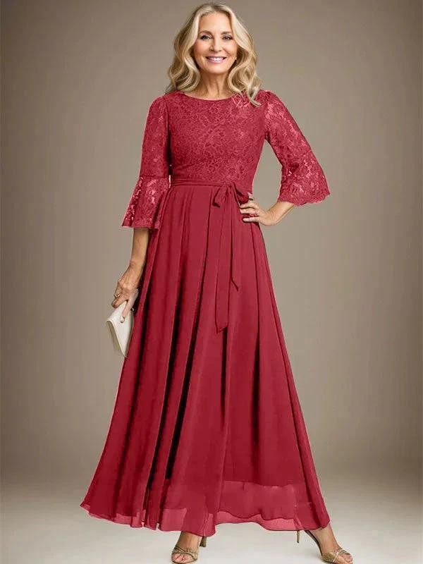 A-line Scoop Ankle-Length Lace Chiffon Mother of the Bride Dress With Bow - Image 39