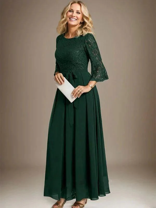 A-line Scoop Ankle-Length Lace Chiffon Mother of the Bride Dress With Bow - Image 4