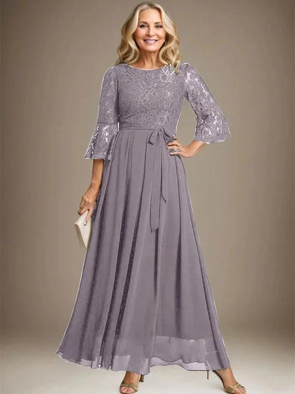 A-line Scoop Ankle-Length Lace Chiffon Mother of the Bride Dress With Bow - Image 40