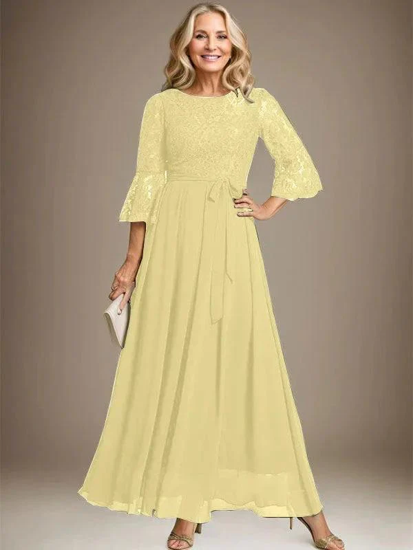 A-line Scoop Ankle-Length Lace Chiffon Mother of the Bride Dress With Bow - Image 41