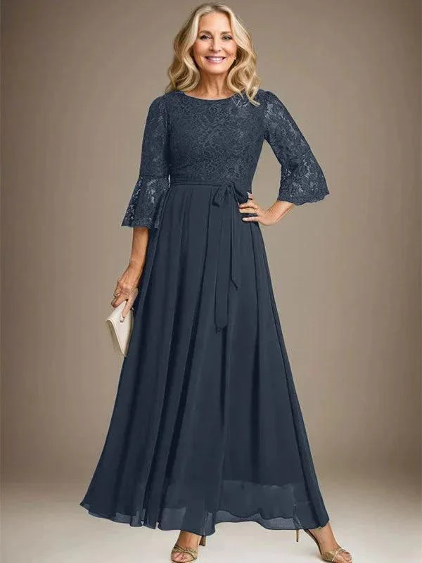A-line Scoop Ankle-Length Lace Chiffon Mother of the Bride Dress With Bow - Image 42