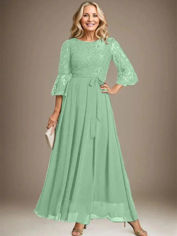 A-line Scoop Ankle-Length Lace Chiffon Mother of the Bride Dress With Bow - Image 43