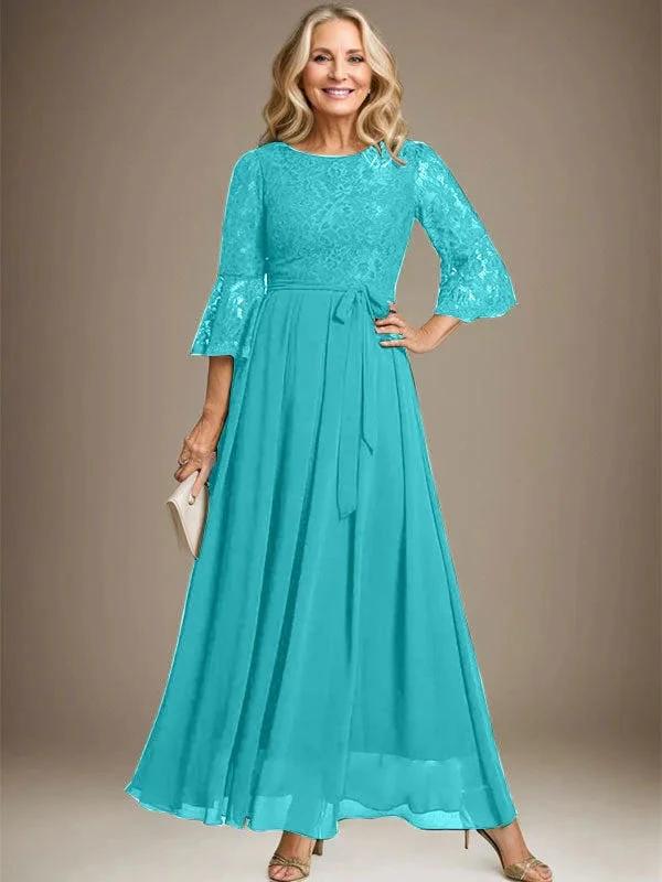 A-line Scoop Ankle-Length Lace Chiffon Mother of the Bride Dress With Bow - Image 44
