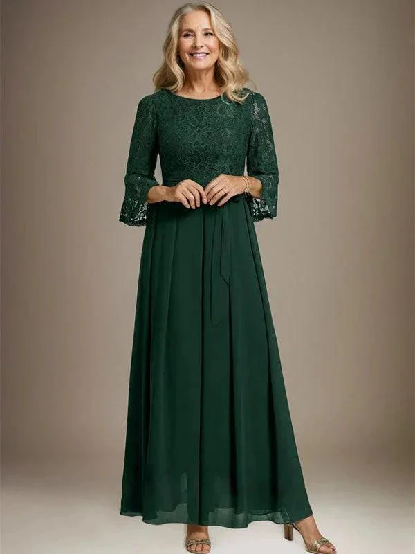 A-line Scoop Ankle-Length Lace Chiffon Mother of the Bride Dress With Bow - Image 7