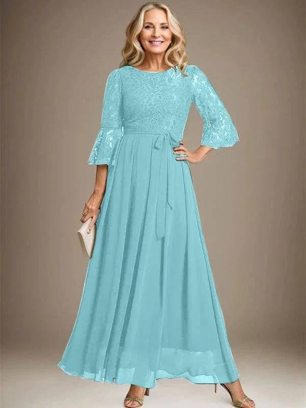 A-line Scoop Ankle-Length Lace Chiffon Mother of the Bride Dress With Bow - Image 8