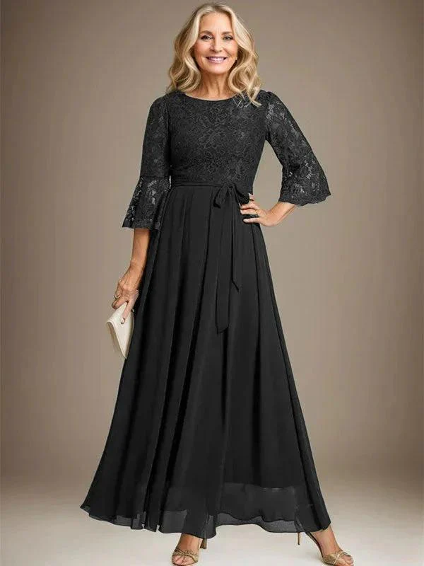 A-line Scoop Ankle-Length Lace Chiffon Mother of the Bride Dress With Bow - Image 9