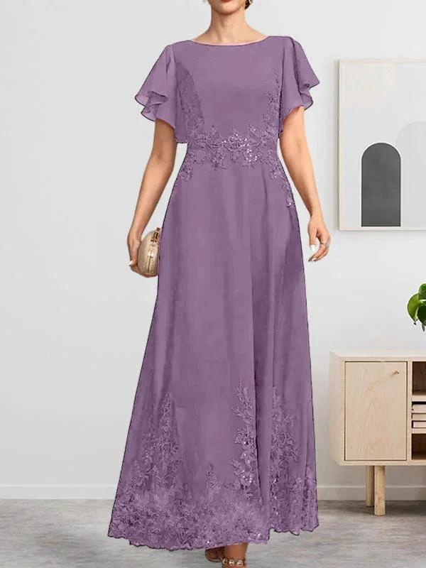 A-line Scoop Ankle-Length Lace Chiffon Mother of the Bride Dress With Sequins - Image 22