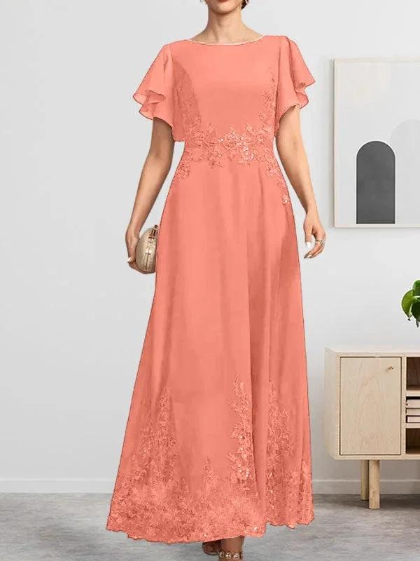 A-line Scoop Ankle-Length Lace Chiffon Mother of the Bride Dress With Sequins - Image 30