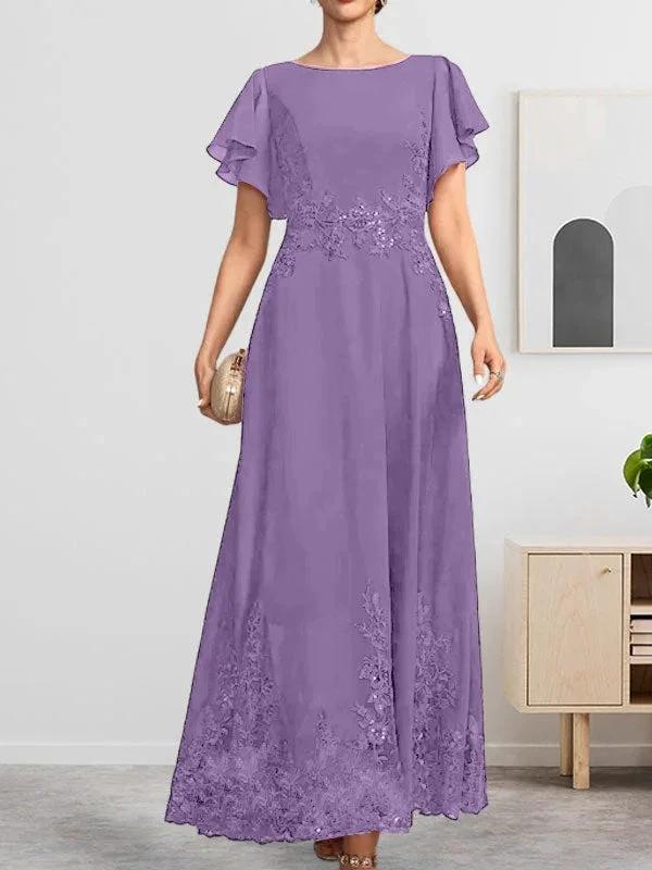 A-line Scoop Ankle-Length Lace Chiffon Mother of the Bride Dress With Sequins - Image 33