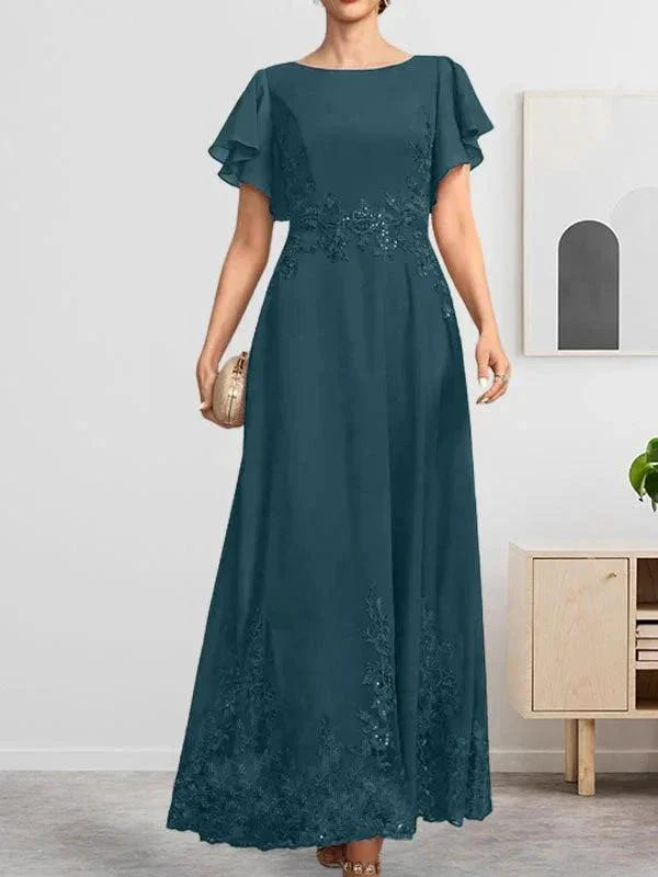 A-line Scoop Ankle-Length Lace Chiffon Mother of the Bride Dress With Sequins - Image 36