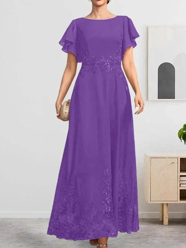 A-line Scoop Ankle-Length Lace Chiffon Mother of the Bride Dress With Sequins - Image 37