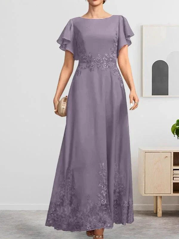 A-line Scoop Ankle-Length Lace Chiffon Mother of the Bride Dress With Sequins - Image 42