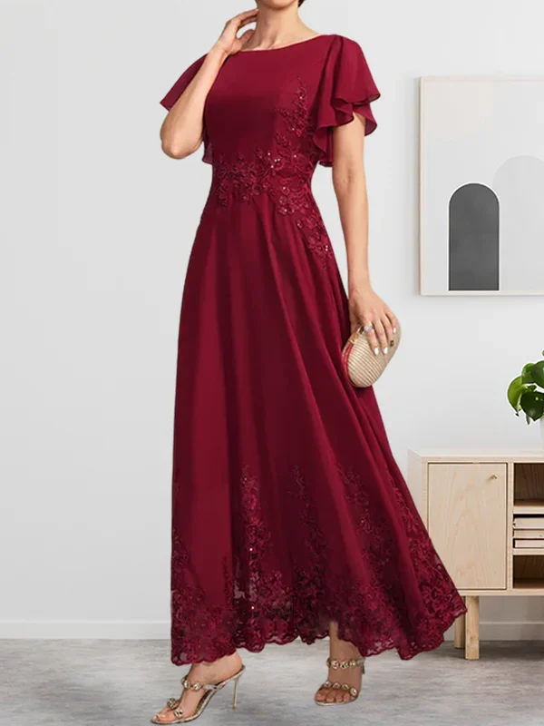 A-line Scoop Ankle-Length Lace Chiffon Mother of the Bride Dress With Sequins - Image 6