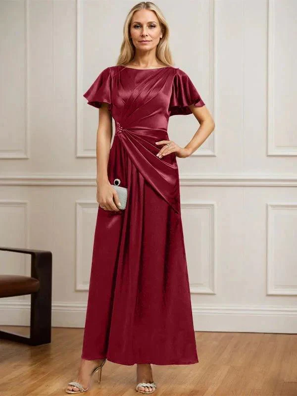 A-line Scoop Ankle-Length Stretch Satin Mother of the Bride Dress With Pleated Beading - Image 11