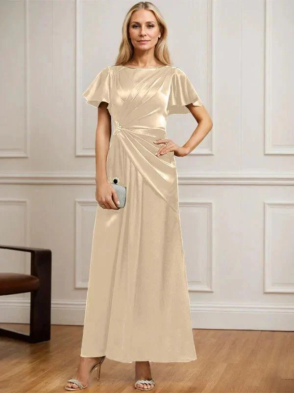 A-line Scoop Ankle-Length Stretch Satin Mother of the Bride Dress With Pleated Beading - Image 13