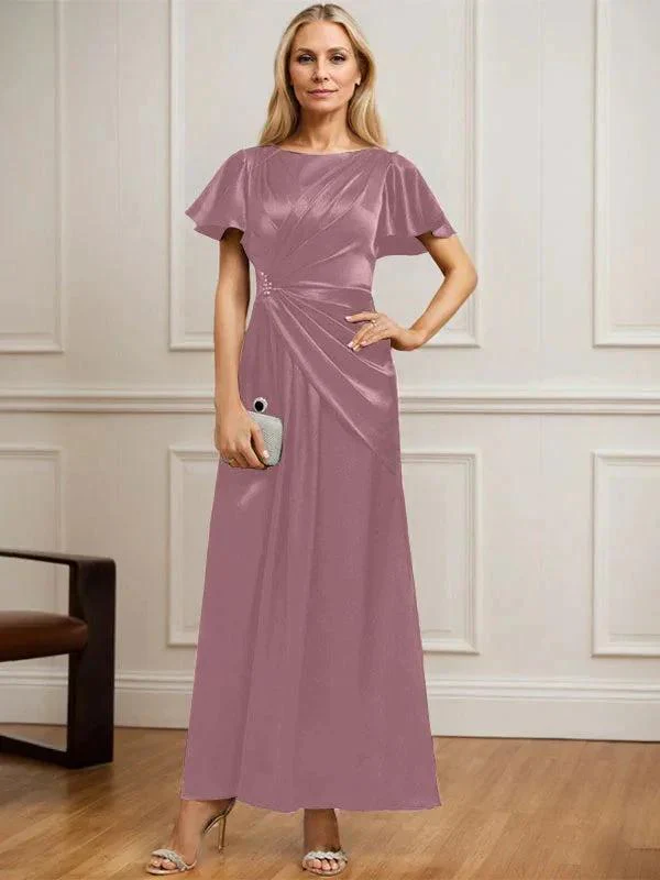 A-line Scoop Ankle-Length Stretch Satin Mother of the Bride Dress With Pleated Beading - Image 14