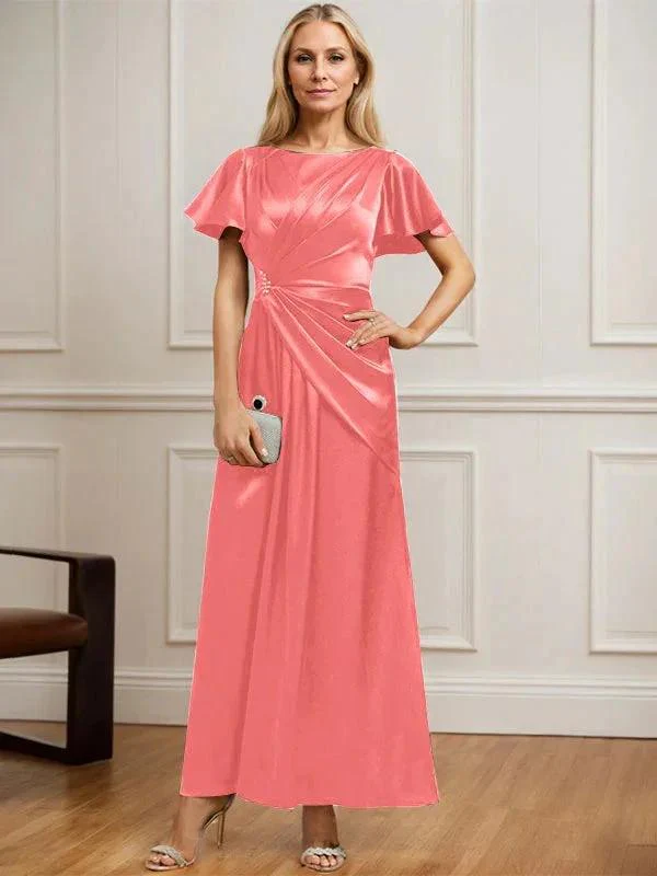 A-line Scoop Ankle-Length Stretch Satin Mother of the Bride Dress With Pleated Beading - Image 17