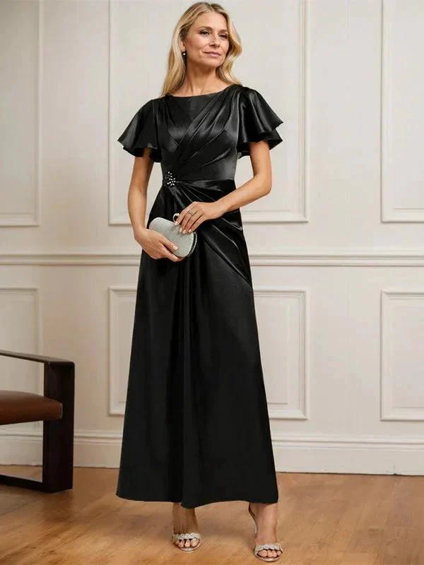A-line Scoop Ankle-Length Stretch Satin Mother of the Bride Dress With Pleated Beading - Image 2