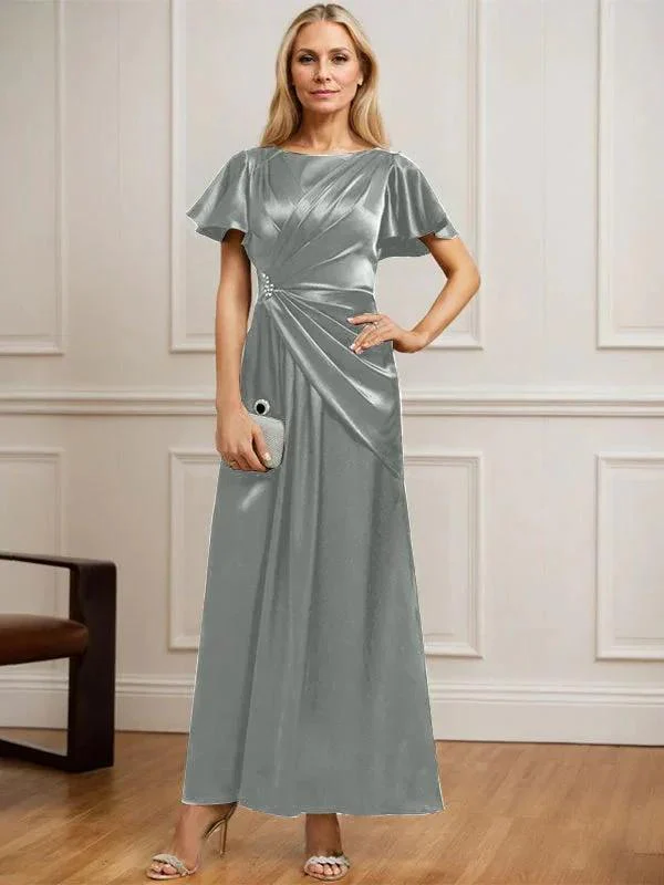 A-line Scoop Ankle-Length Stretch Satin Mother of the Bride Dress With Pleated Beading - Image 21