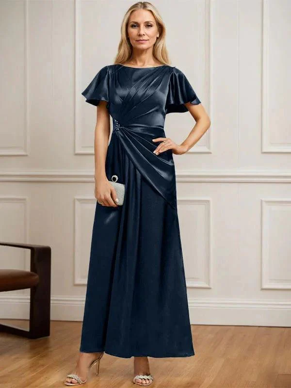 A-line Scoop Ankle-Length Stretch Satin Mother of the Bride Dress With Pleated Beading - Image 23