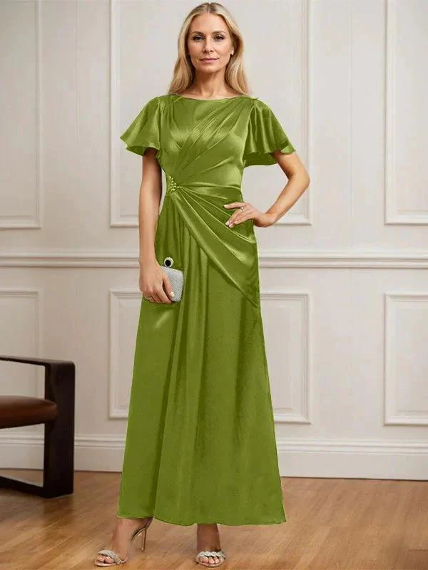 A-line Scoop Ankle-Length Stretch Satin Mother of the Bride Dress With Pleated Beading - Image 24