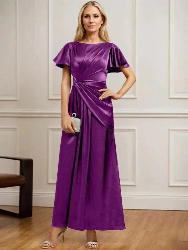 A-line Scoop Ankle-Length Stretch Satin Mother of the Bride Dress With Pleated Beading - Image 26