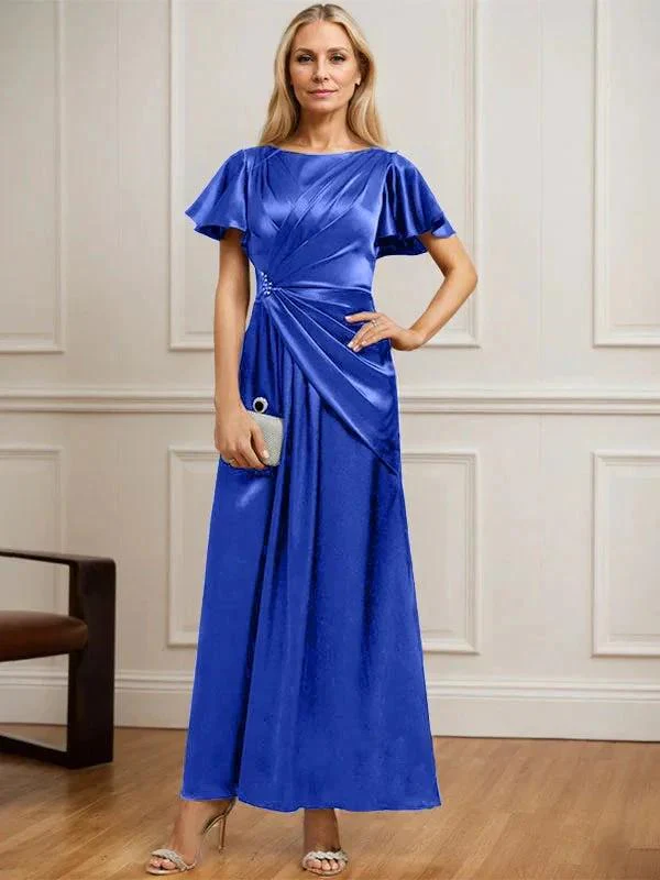 A-line Scoop Ankle-Length Stretch Satin Mother of the Bride Dress With Pleated Beading - Image 28
