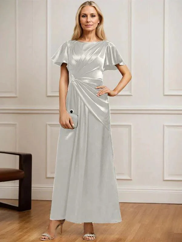 A-line Scoop Ankle-Length Stretch Satin Mother of the Bride Dress With Pleated Beading - Image 29